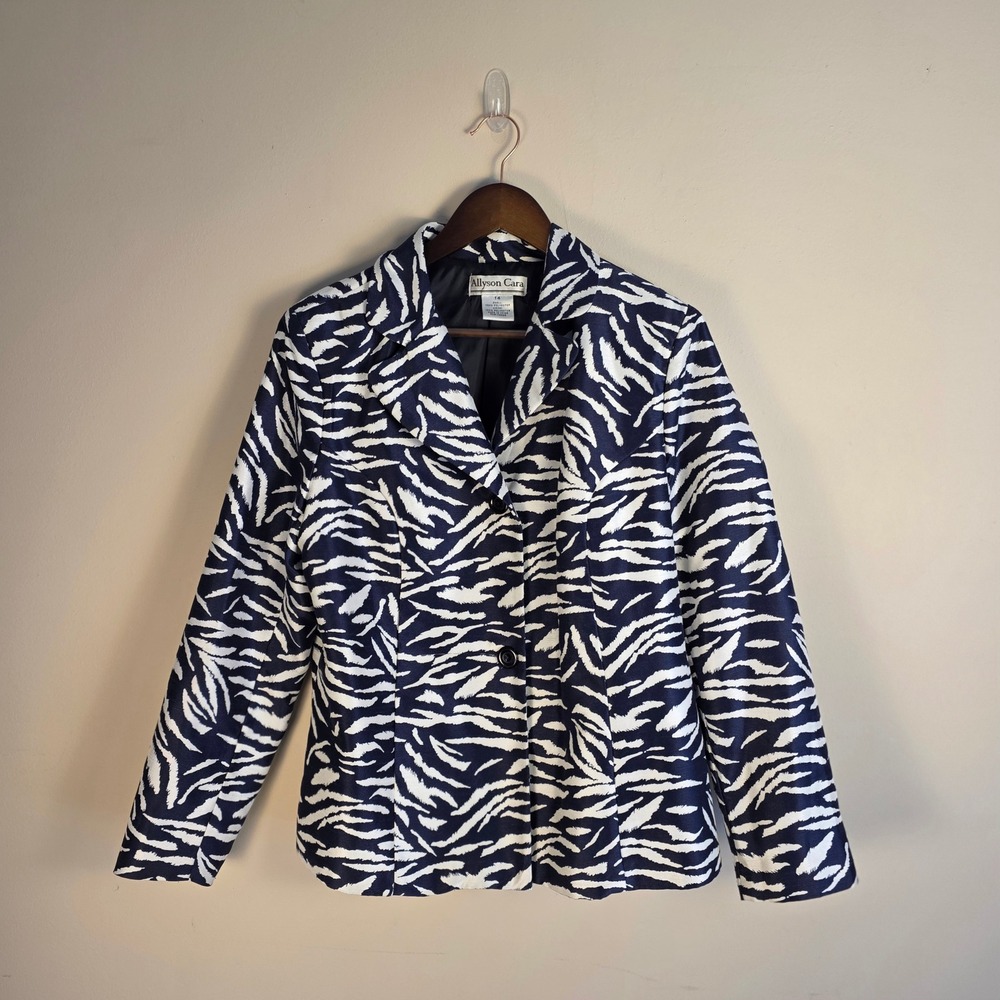 Vintage Y2K Allyson Cara Sateen Blazer Women 14 Navy‎ White Zebra Print Glam